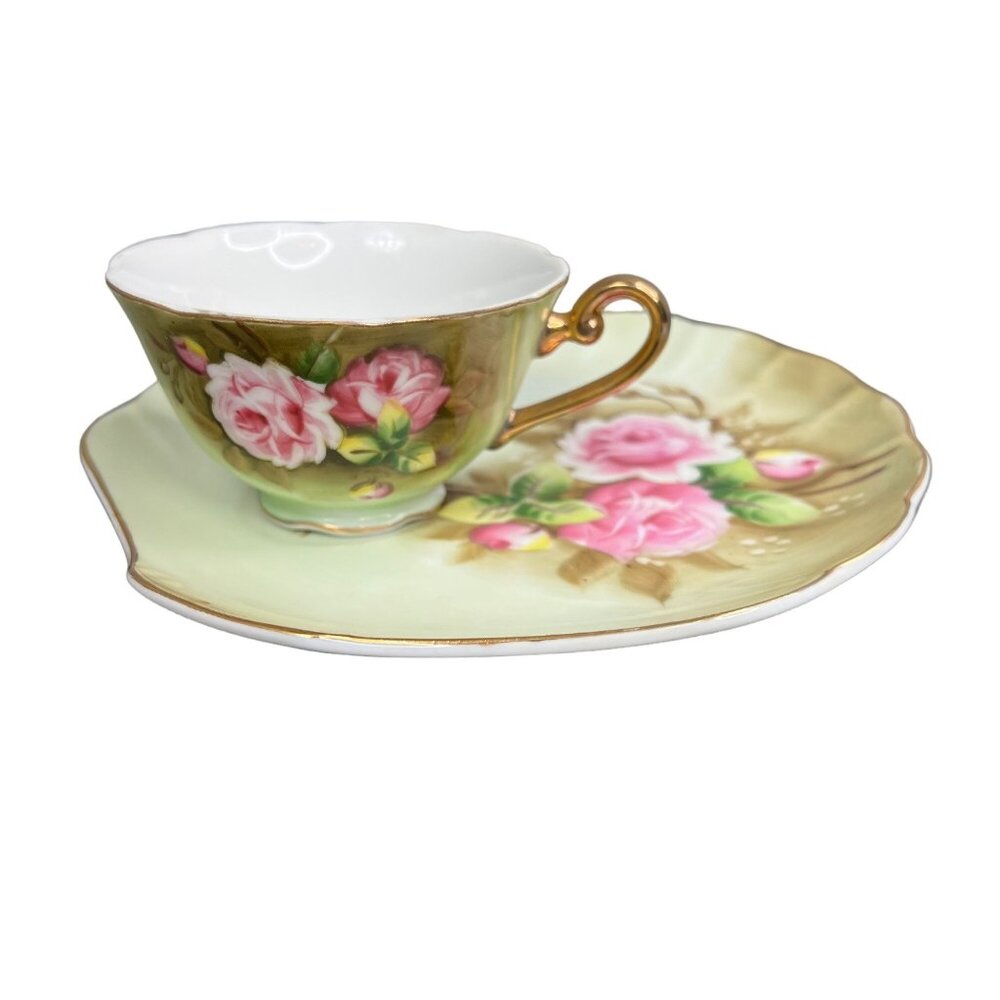 Vintage Lefton Heritage Green Snack Set Teacup Shell Plate Pink Rose Pattern